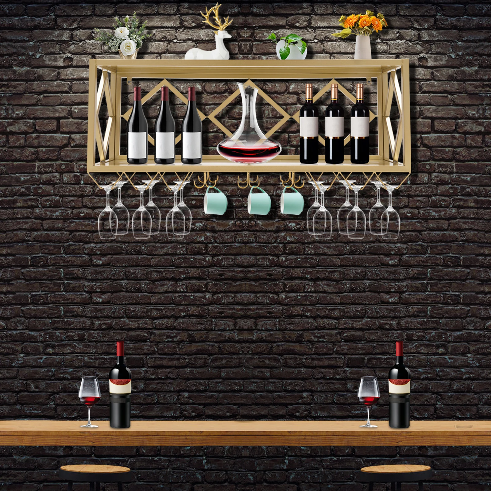رف النبيذ الصناعي المثبت على الحائط 100*25*40 سم/39.37*9.84*15.75in رف معلق حامل زجاجات المطعم المنزلي