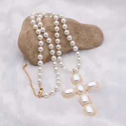 NeeFuWofu Shaped Pearl Cross Pendant Long Necklace Sweater Chain For Women Luxury Jewelry Holiday Party Festival Gift