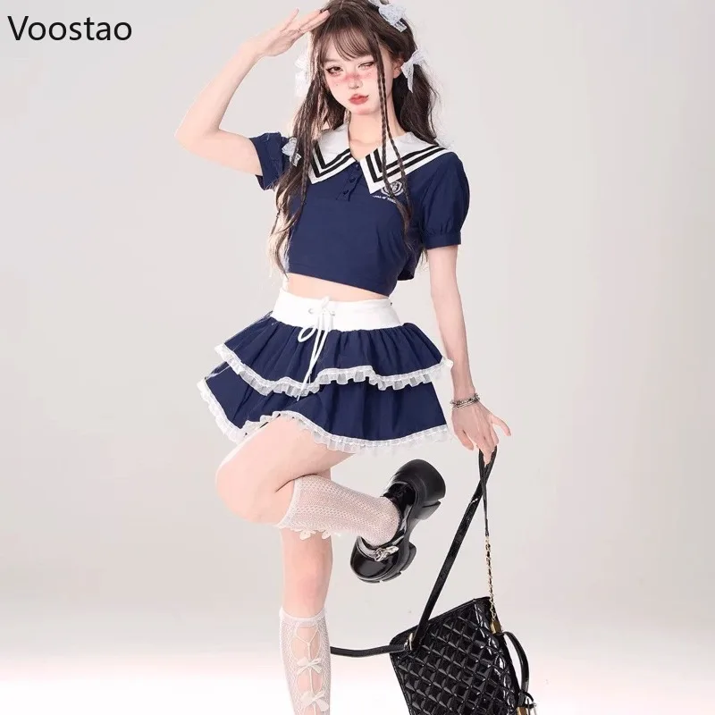 Blue Japanese Preppy 2 Piece Set Women Casual Sweet T-shirt Crop Tops Cake Mini Skirt Suit Female Korean Y2k JK Uniform Outfits