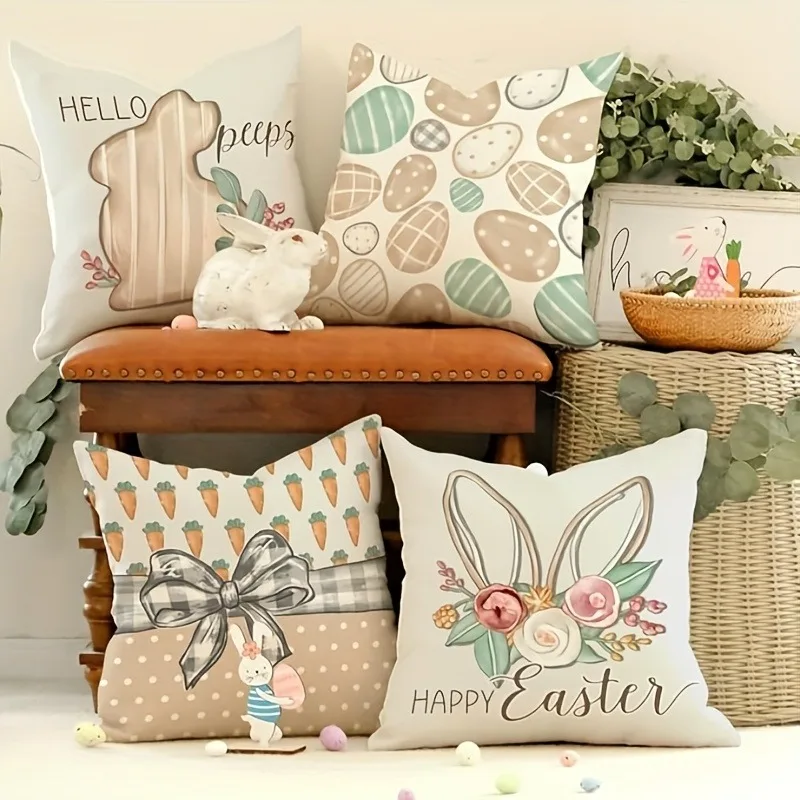 Happy Easter decoration pillow cover rabbit radish egg print living room sofa cushion cover suitable for home festive decoration