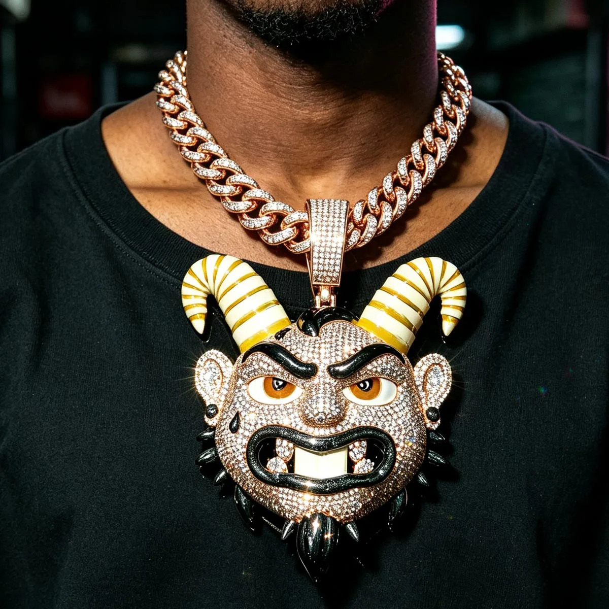 Iced Out 3D Cartoon Demon Goat Head Pendant Full Bling CZ Hip Hop Enamel Horn Monster Face Charm Necklace Jewelry Gift For Men