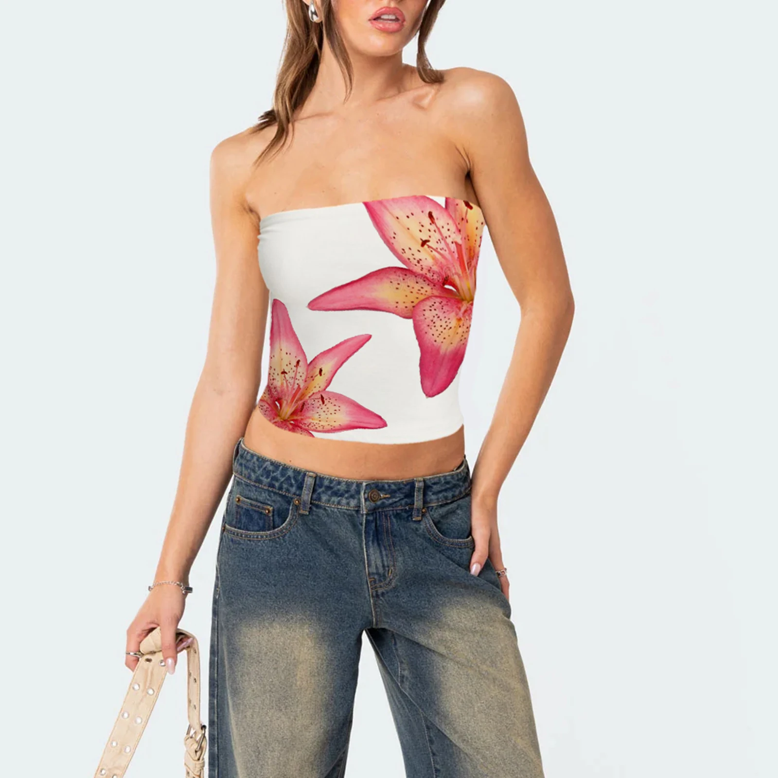 여성용 스트랩리스 탱크 탑, 여성용 릴리 프린트 슬림 튜브 탑, 플라워 패턴 방도, 배꼽 셔츠 스트리트웨어
