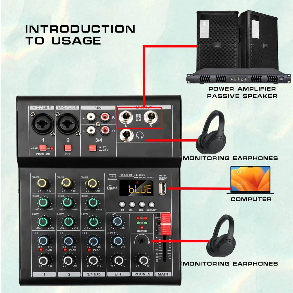 4 Channel  Audio Mixer 48V Phantom Power USB Studio Sound Mixers Wireless Phone Connect Home DJ Console Mixing for KTV