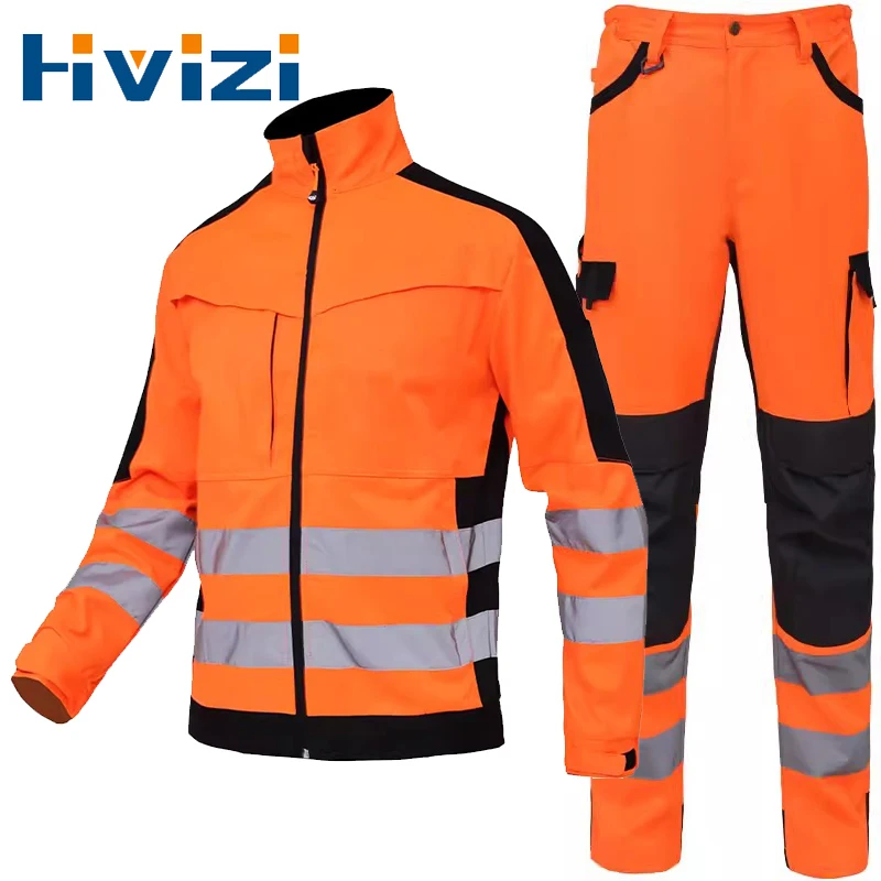 Reflective Work Suit Men Mechanic Safety Jacket and Pants Set for Working Hi Vis Workwear Multi Pockets Workshop Uniforms