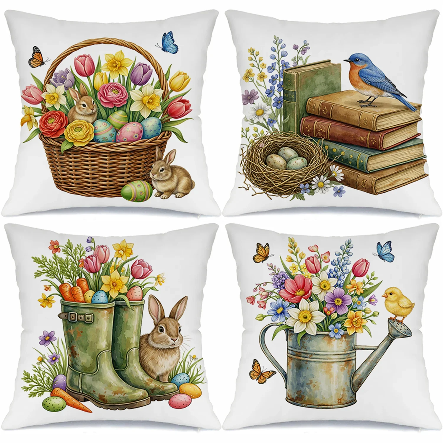 Four-Piece Set of Spring Garden Themed Throw Pillow Covers Featuring Baskets, Books, Boots, and Watering Can Illustrations