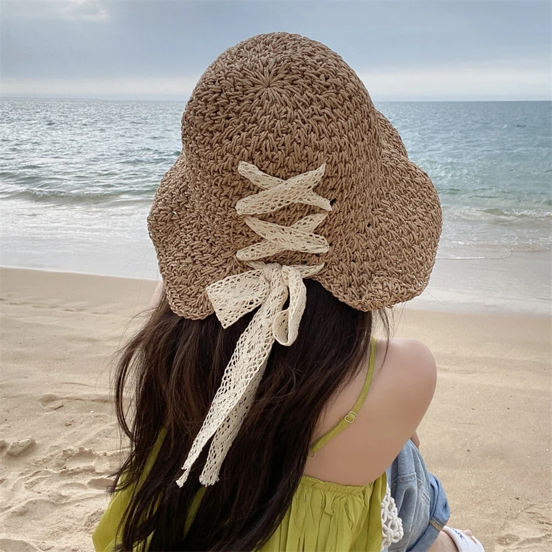 

Women's Straw Hats Korean Version of The Tide Brand Everything Japanese Summer Thin Style Sun Hats Lace Bow Hollowed Out Sun Hat