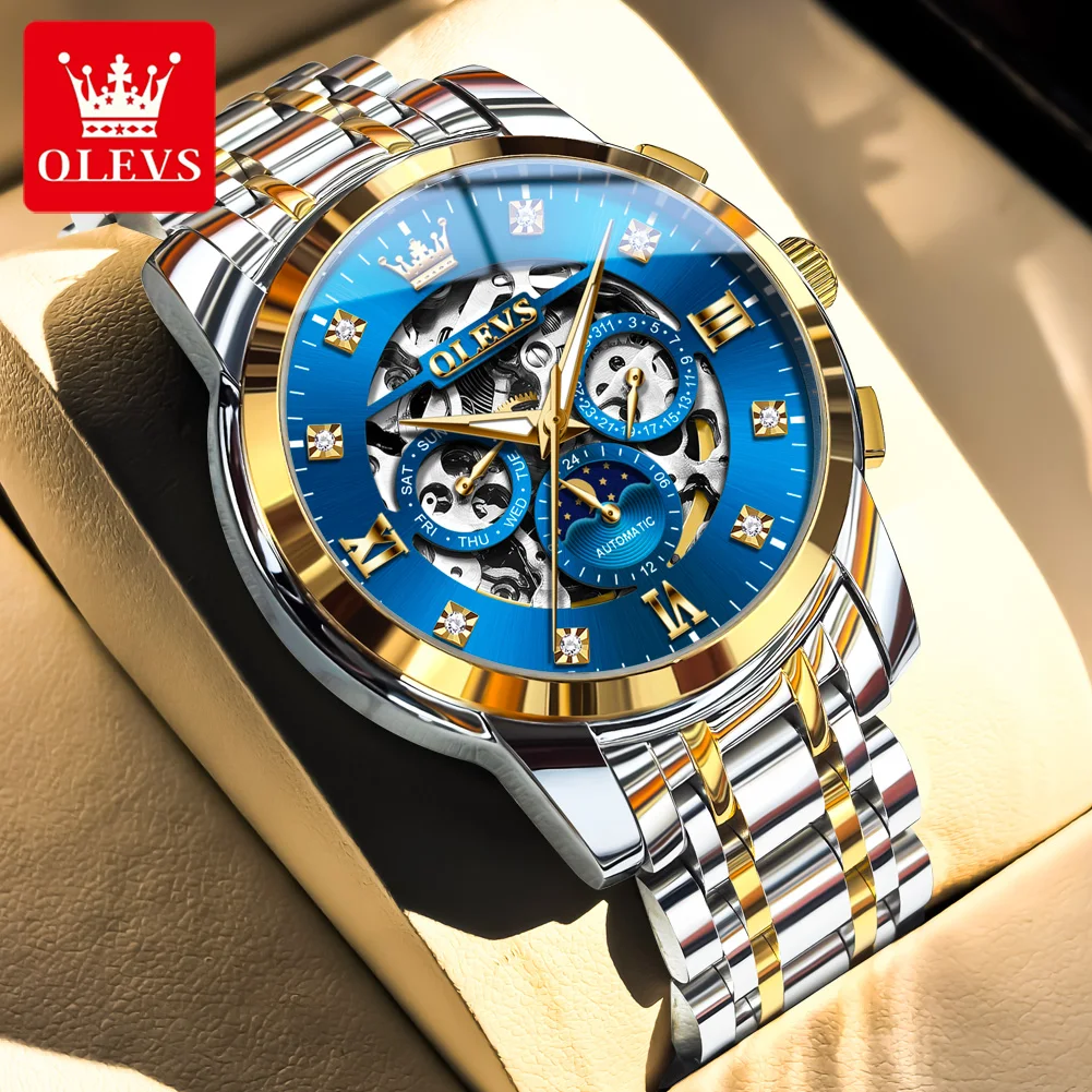 

OLEVS брендовые роскошные часы с фазой Луны, полые механические часы из нержавеющей стали, мужские водонепроницаемые автоматические наручные часы со скелетом, мужские