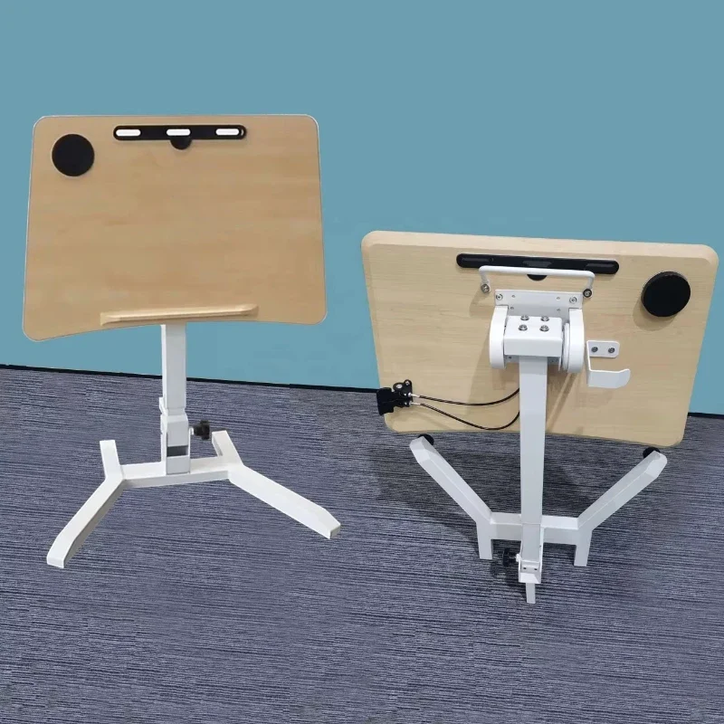Wheeled adjustable height hospital table simple single leg tilt desk pneumatic bedside table