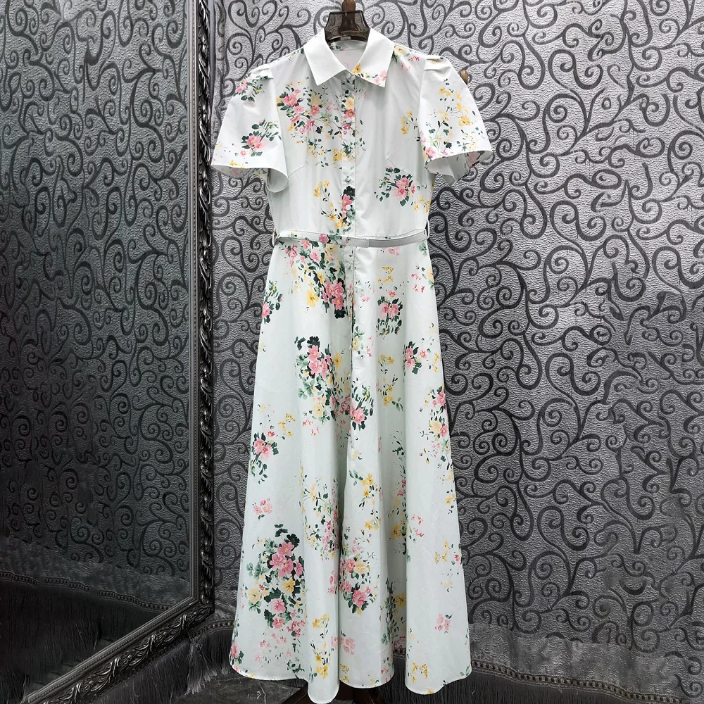 100%Cotton Dress 2026 Autumn Women Turn-down Collar Charming Floral Print Short Sleeve Light Green Long Shirt Style Dress Maxi