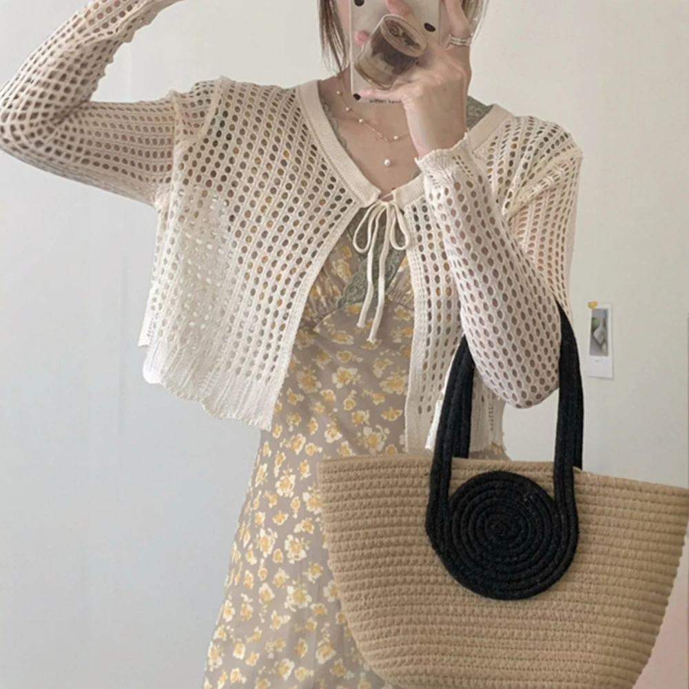 

Женский кардиган с длинным рукавом и открытой передней частью с круглым вырезом, повседневный, на шнуровке, с вырезами, однотонный, модный, осенний, для свиданий, молодежный стиль