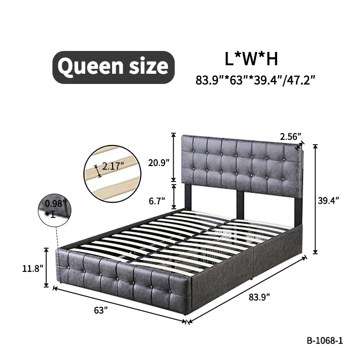 Queen Size Grey Tech cloth Button Embedded Adjustable Headboard Height Upholstered Platform Bed Frame with 4 Storage Drawers
