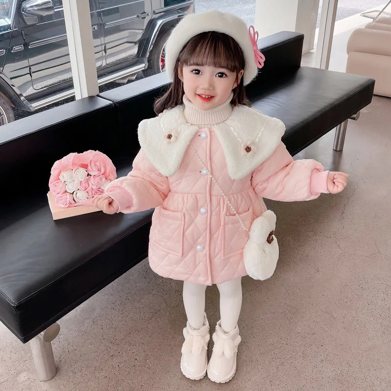 2023 Autumn Winter Baby Girls Coats Children Clothing Princess Floral Cotton-padded Jacket Outdoor Warm Plush Kids Outerwear