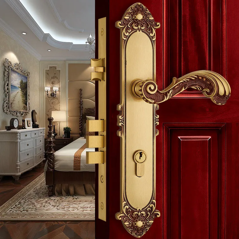 Europen Fashion Entrance Doors Door Lock Modern Brass Golden Interior Solid Wood Panel Handle Lock Rose Golden Bedroom Bookroom