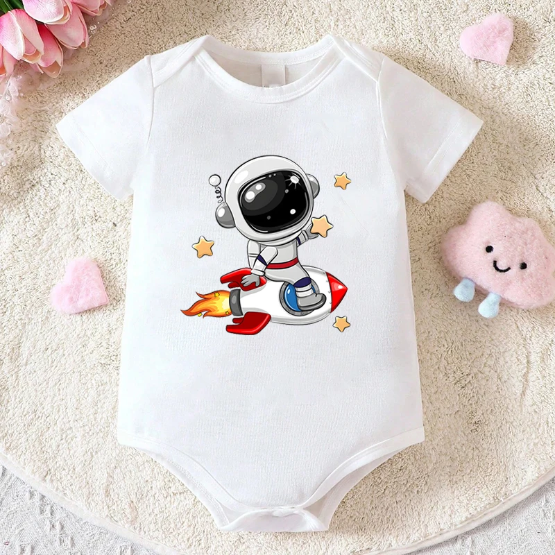 

Astronaut Rocket Print Infants Bodysuits Summer Short Sleeve Jumpsuit For Baby Boys Girls Casual And Comfy Clothing For Newborns