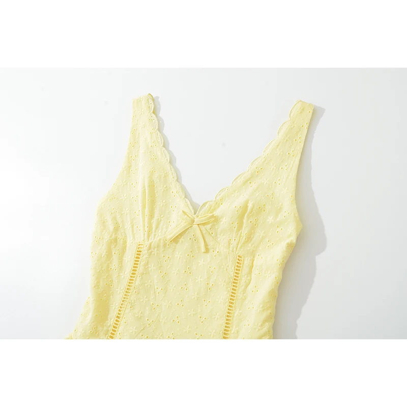 Robe jaune ajourée brodée sans manches pour femmes, avec nœud, col en V, taille basse, ligne a, Robe de fête de vacances, été 2025