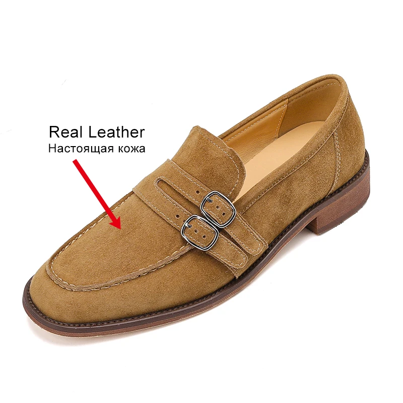 JOZHAMTA Casual Loafers Shoes For Women Suede Real Leather Buckle Vintage Thick Low Heels Shoes Classic Office Lady Size 34-40