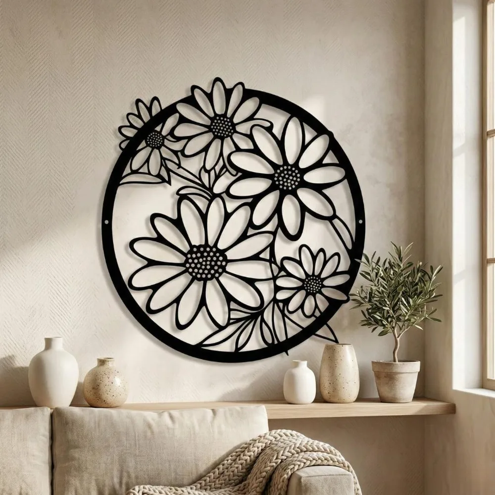 CIFBUY Black Daisy Iron Metal Wall Art, Powder-Coated Botanical Hanging Decor & Garden Patio Bedroom Indoor Gift Ornament