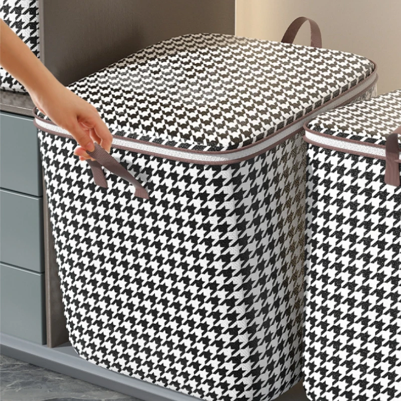 Houndstooth Non-woven Storage Box Dustproof Organizer Wardrobe Space Saving Bag Travel House Moving Bedding Storage Organization