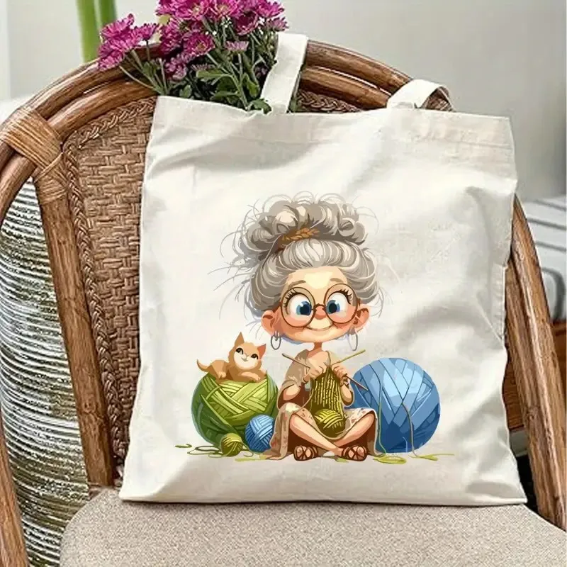 Aesthetic Crochet Grandma Canvas Handbag - Cute Yarn Ball Print Eco-Friendly Reusable Shoulder Bag, Durable Cotton Shopping Bag