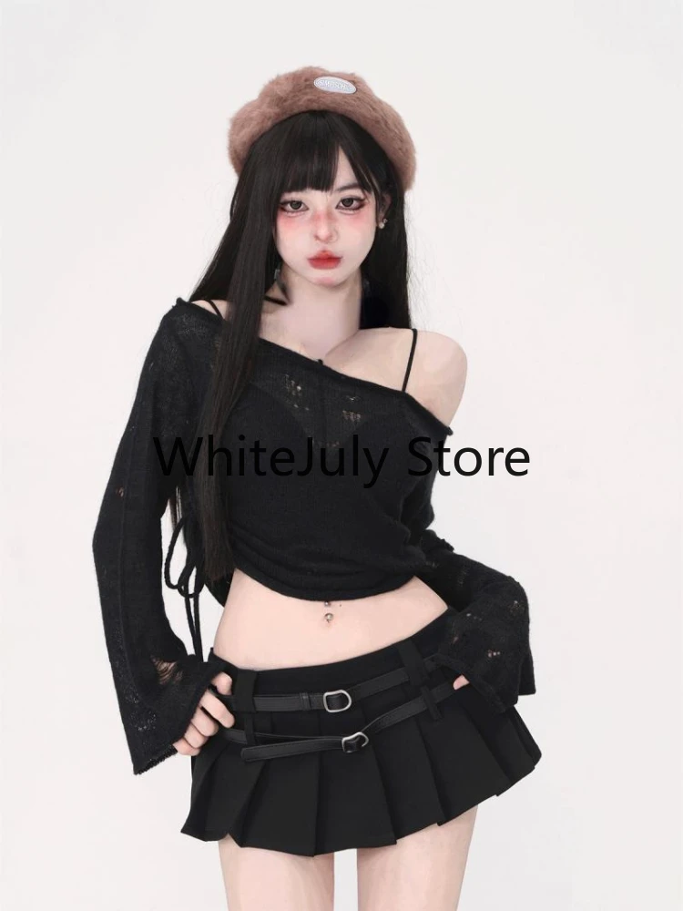 2024 Autumn Black 2 Piece Dress Set Women Casual Knitted Sweater + Y2k Mini Skirts Casual Knit Set Crop Tops Office Lady Korean