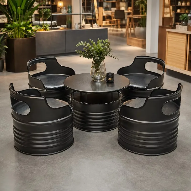 Industrial Creative Blue Oil Drum Metal Furniture Set Vintage Style Cafe Bar Restaurant Bistro Bar Table and Stool