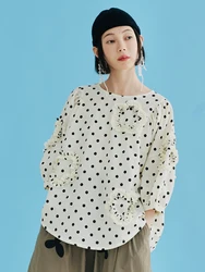 IMAKOKONI oryginalny design Polka Dot sweter z okrągłym wycięciem pod szyją z długim rękawem T-shirt kwiat szwy dorywczo luźne letni top 223711