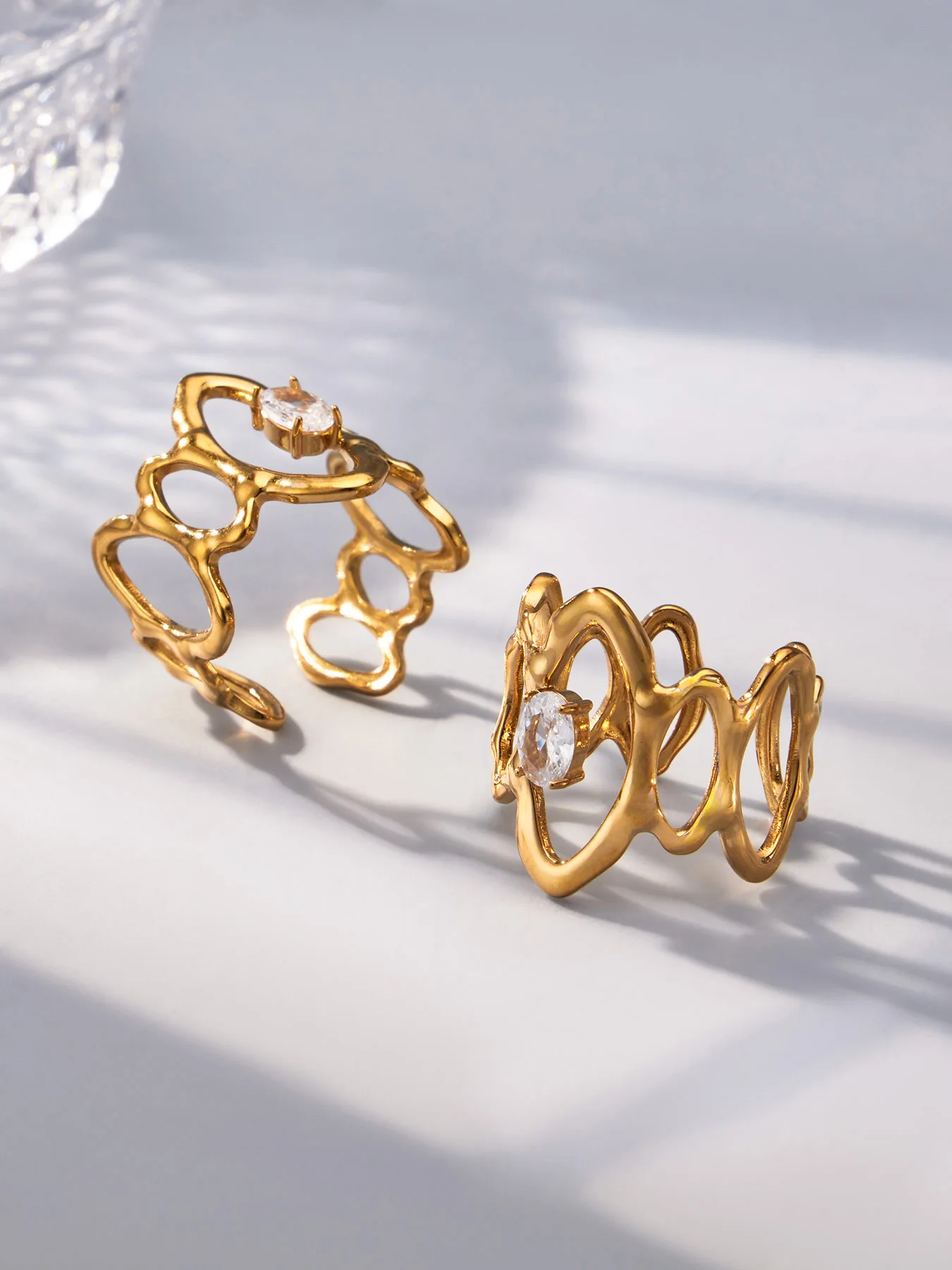 Riesenrad Glänzende Zirkonia Damenringe Edelstahl PVD Vergoldet Wasserdicht Offene Ringe Anlaufbeständiger Damenschmuck – Detail 10