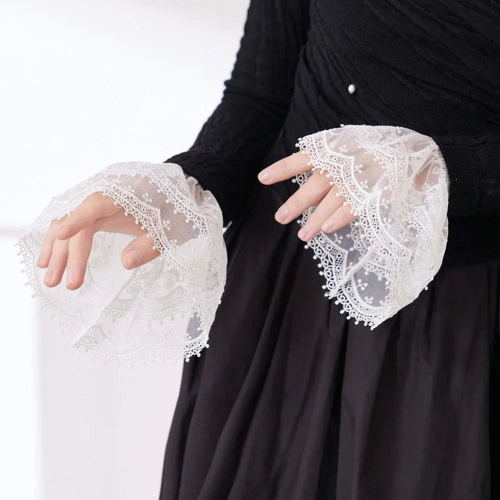 1pair Elegant Mesh Lace Wrist Horn Cuffs Layered Ruffle Detachable Fake Sleeves Elastic Horn Cuffs