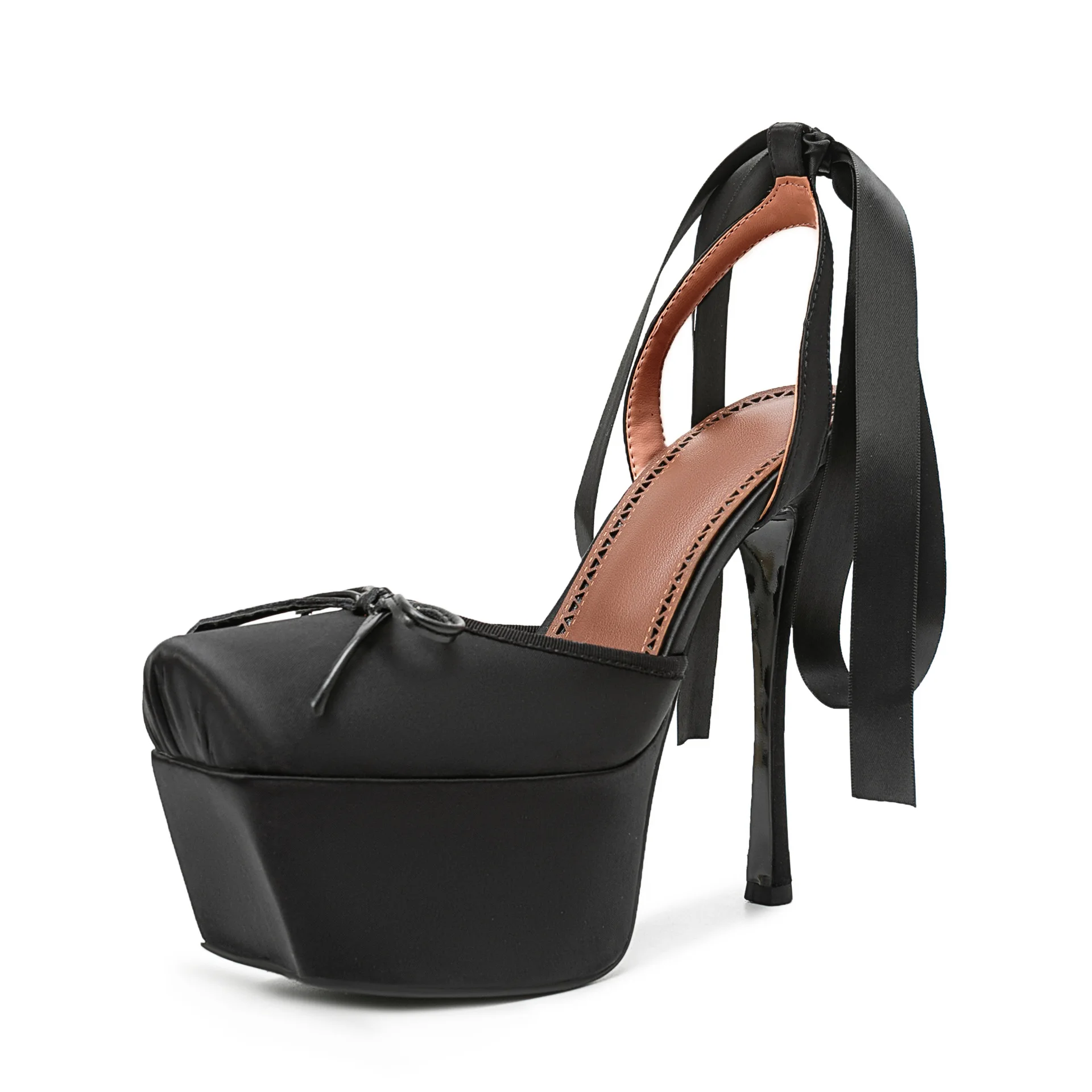 Zapatos de tacón de plataforma de satén para mujer, con punta cuadrada, lazo en la parte trasera, correa con cinta y tacón de aguja súper alto, sandalias para fiesta y vestido F604