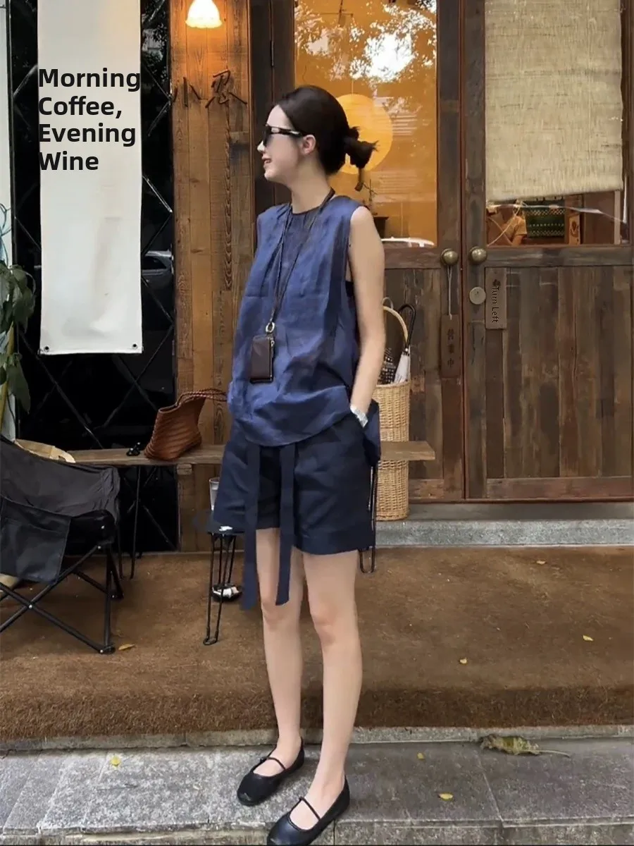 

Ladies Cotton Linen Set Summer Design Sleeveless Vest Shirt Top Wide Leg Shorts Linen Two Piece Set Fashionable Ensemble