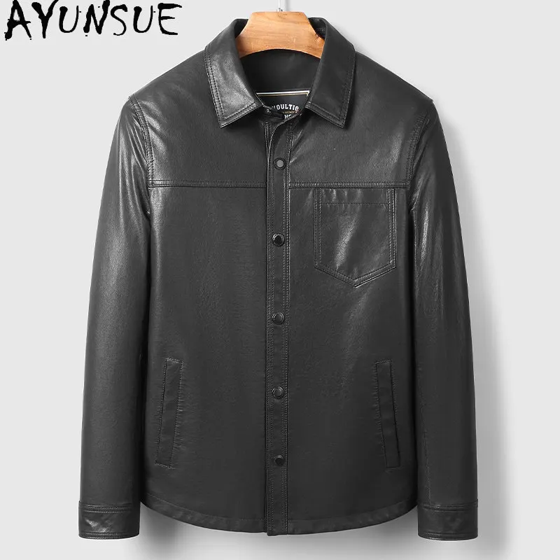 

AYUNSUE High Quality Real Sheepskin Coat Man Clothing Fashion Shirt Style Genuine Leather Jacket Men Lapel Black Leather Jackets