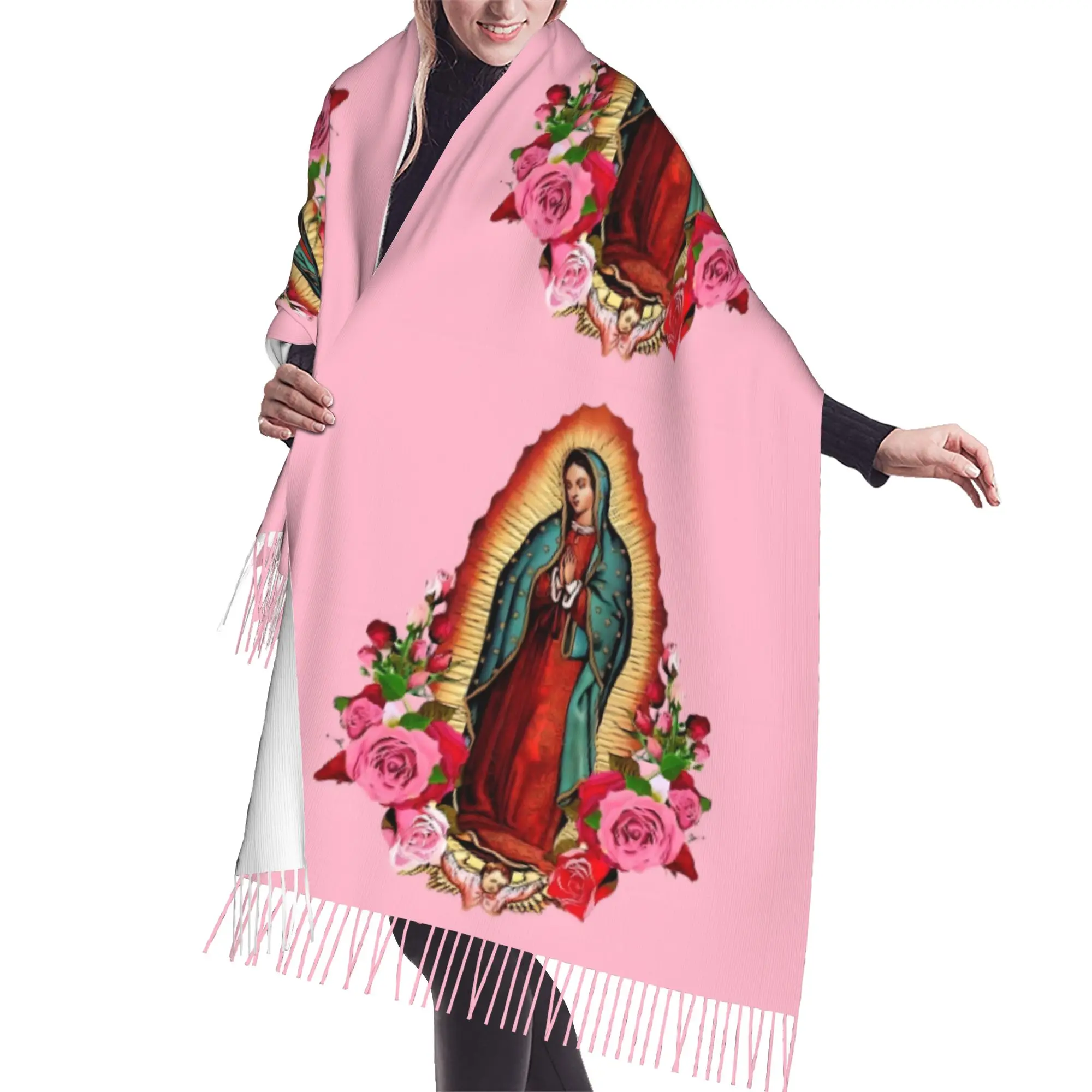 Custom Ladies Long Our Lady Of Guadalupe Mexican Virgin Mary Mexico Scarves Women Winter Soft Warm Tassel Shawl Wraps  Scarf