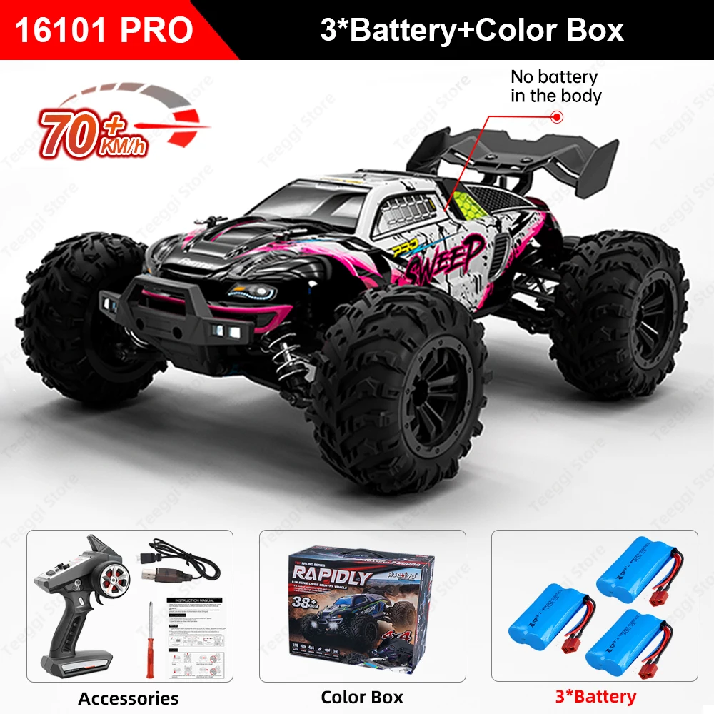 Teeggi 16101/16102 PRO 1:16 Hoge Snelheid RC Auto Met LED Licht Drift 70 KM/H 4WD RC Off-road Auto Monster Truck Speelgoed Voor Kid Geschenken - afbeelding 1