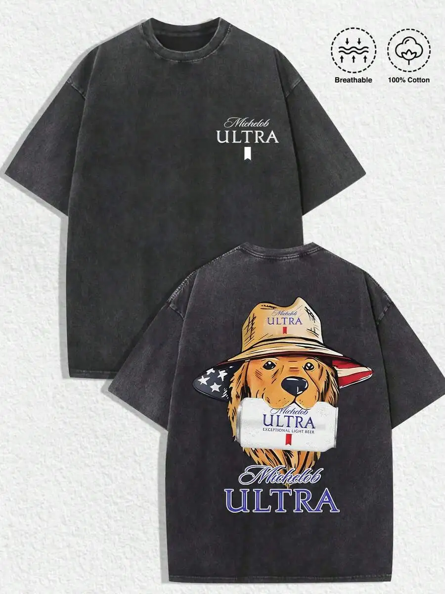 Camiseta Retro Michelob Ultra Beer Dog para hombre, camiseta gráfica vintage lavada con estampado de Golden Retriever, camisa informal transpirable de verano 100% algodón