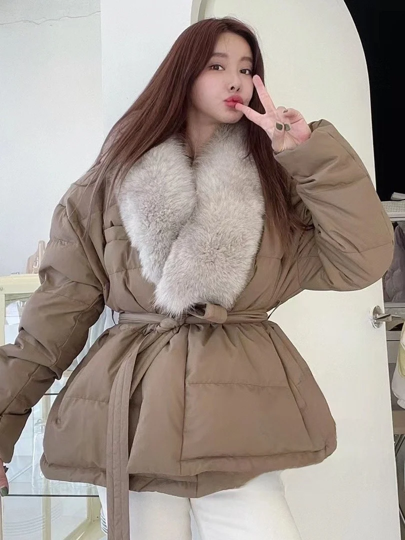 

Thiened Winter Puffer Jaet Women's Loose Fur Collar Fur Simulation Parka Warm Outerwear Belted Waistcoat