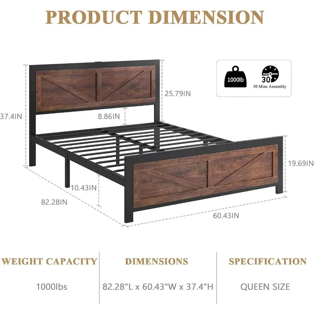 Led Bed Frame Queen Size with Charging Station, Industrial Platform Bed Frame with Rustic Barn Door Wood Headboard, Noise Free