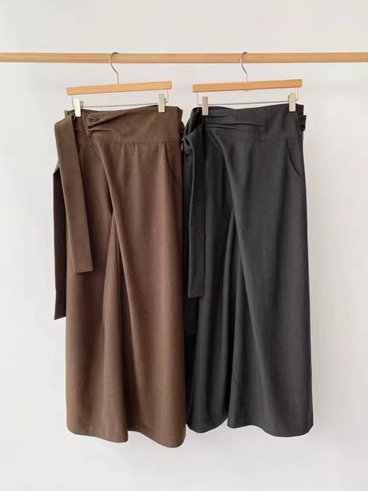 Hohe Taille Plissee Midi Rock Damen Herbst Winter Vintage Kleine ence Krawatte Gürtel Asymmetrische Schlankheitsröcke