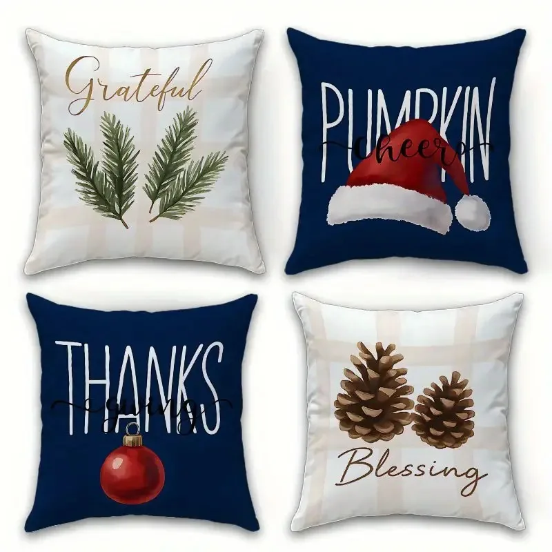4pcs Festive Christmas Pillow Covers 18x18 Inch Polyester Cushion Covers with Grateful, Pumpkin Cheer Thanksgiving Day