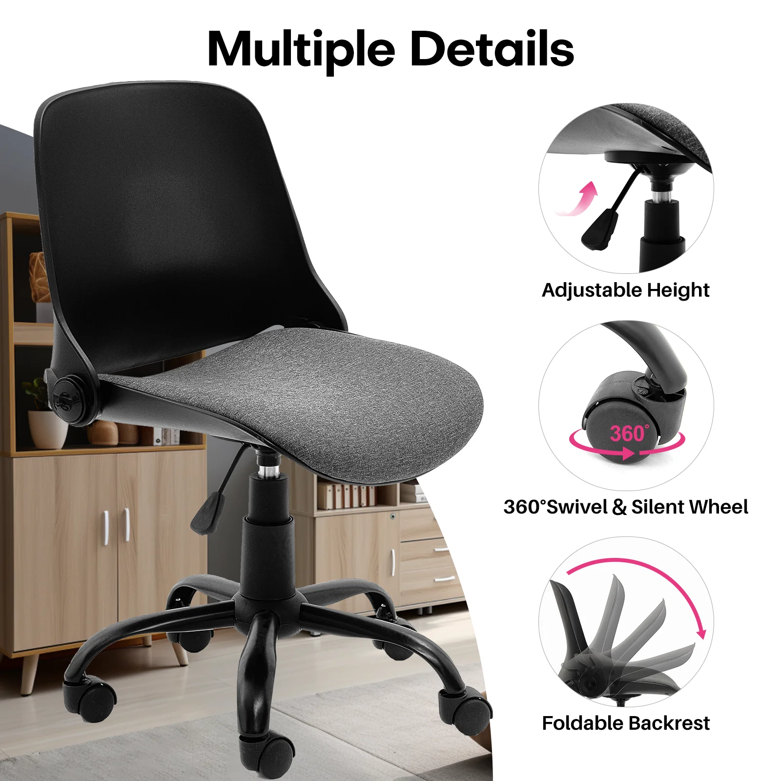 REDLIFE-Office Chair with Foldable Backrest, Desk Chairs, Armless Computer Chair, Adjustable Furniture for Home and Office