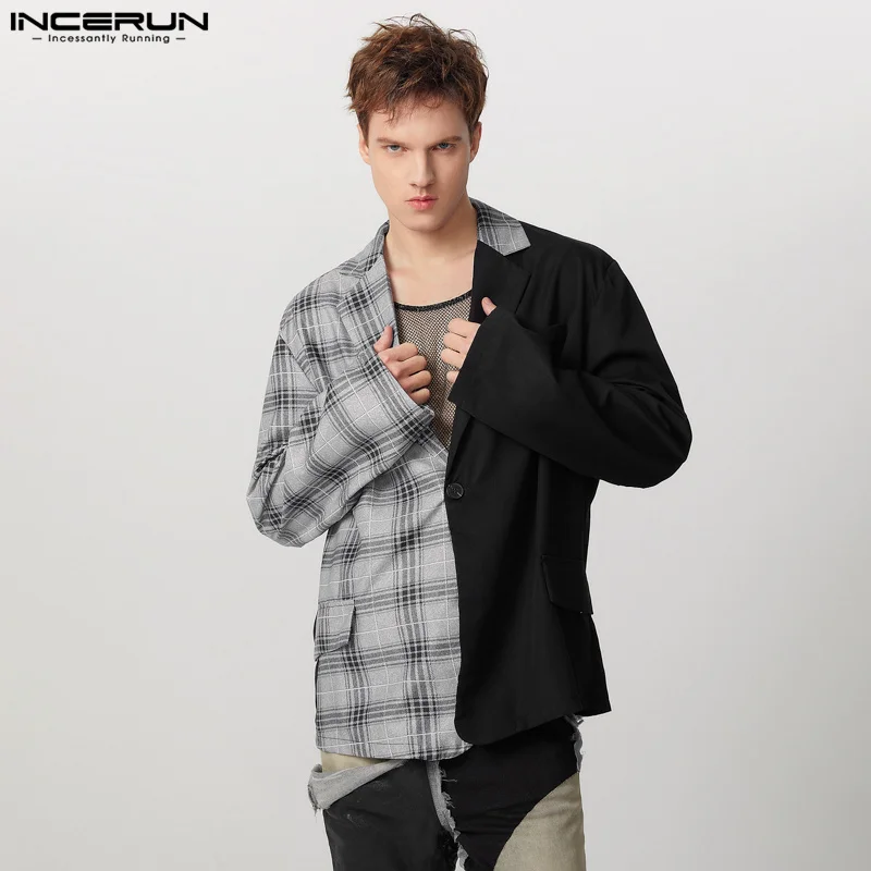 

INCERUN Men Blazer Plaid Patchwork Lapel Long Sleeve One Button Casual Male Suits Streetwear Loose 2025 Fashion Coats Men S-5XL