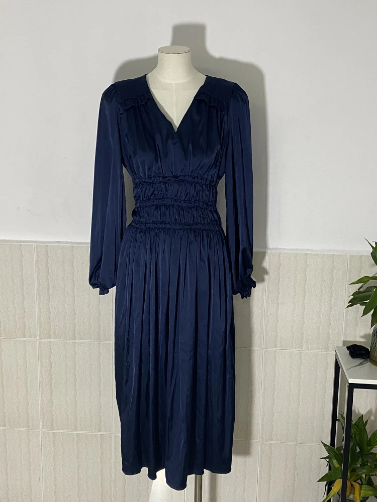 UCXQ Vintage Long Dress Fairy Style V-neck Pleated Waist Bubble Sleeves Office Lady Elegant Dresses Women 2024 Spring Summer 979