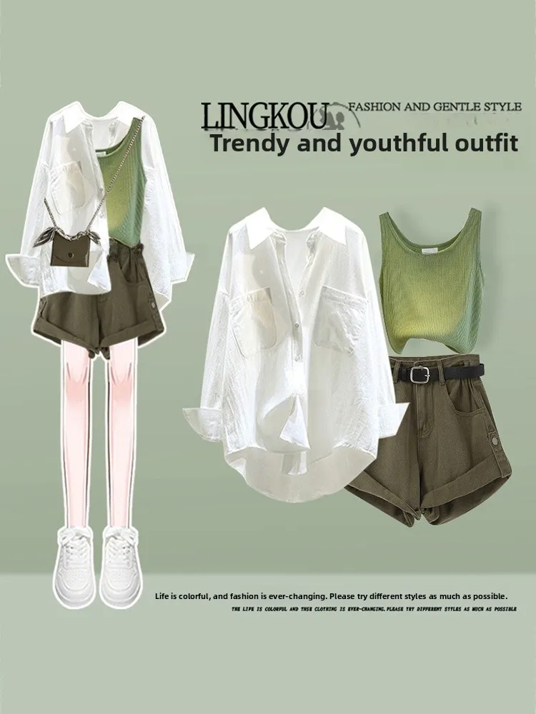 

Летний антивозрастной комплект для женщин больших размеров: рубашка с защитой от солнца, жилет и джинсовые шорты с высокой талией в ретро-стиле (тройка)