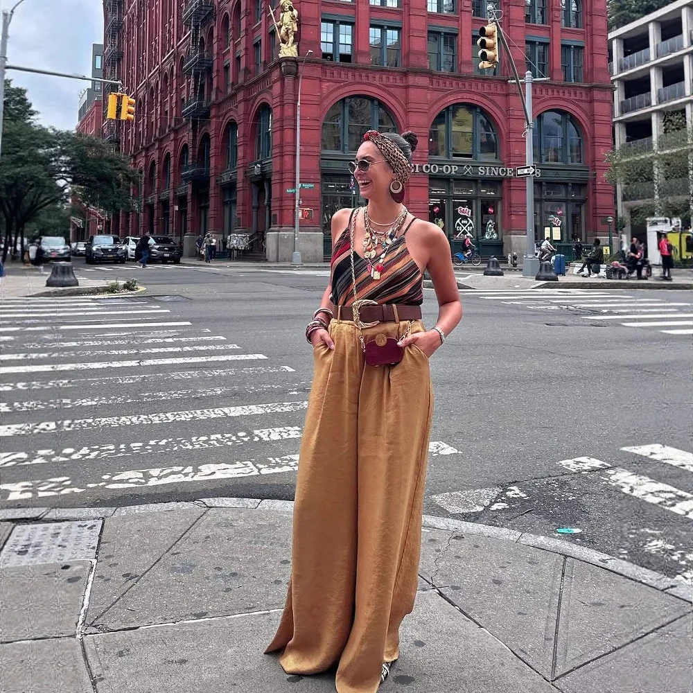 FL Leopard Satin with Belt High Waisted Trousers Wide Leg Pants Women's Clothing 2025 Summer New Arrivals Casual Pants Trousers