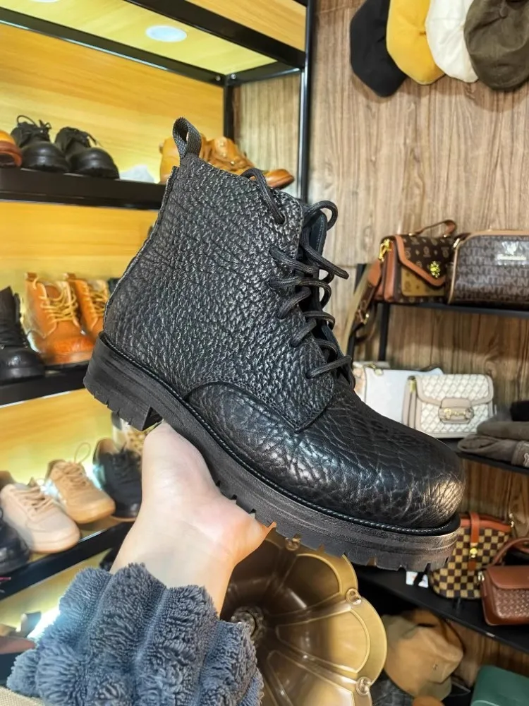 اليدوية الرجال عالية الجودة بوط من الجلد الطبيعي الدانتيل يصل جولة تو البضائع العمل عالية أعلى أحذية الذكور Vintage دراجة نارية أحذية بوت قصيرة #3