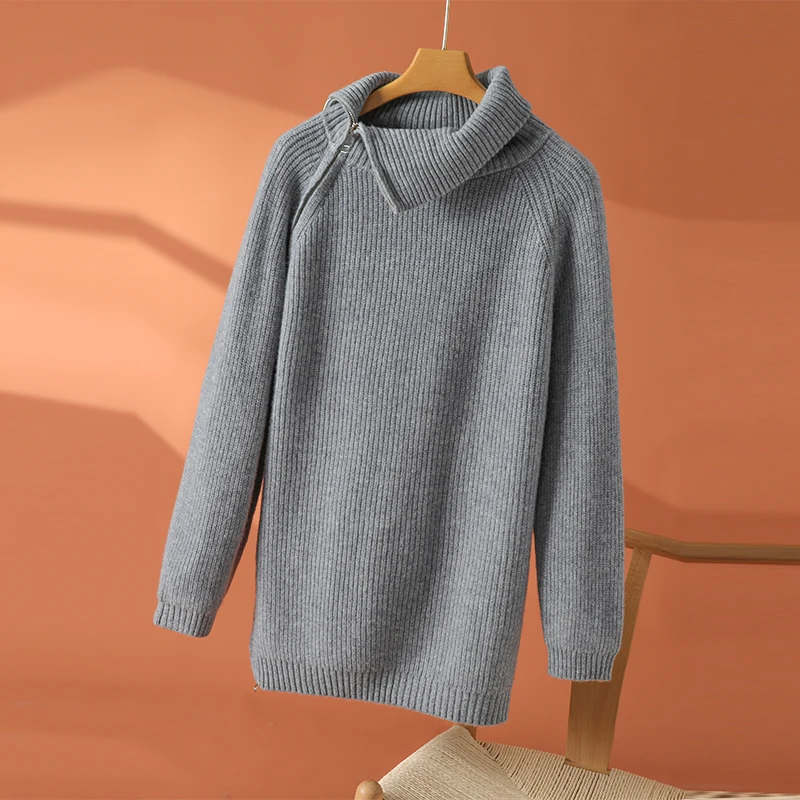 

100% Merino Wool Women's Pullover With Collar Diagonal Zipper Medium To Long Thick Casual Fashionable Knitted Cashmere Sweater