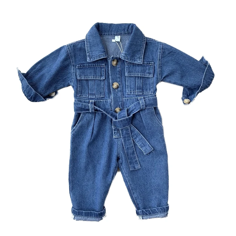 Toddler Baby Denim Jumpsuits Fashion Long Sleeve Turn Down Collar Overalls Spring Autumn Loose Boys Girls Jean Rompers