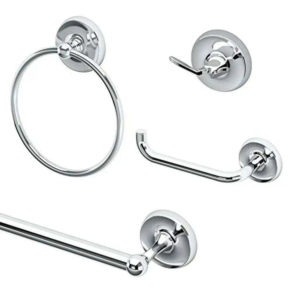 Designer 4-Piece Bathroom Accessory Kit Chrome Towel Bar Ring Paper Holder Hook Kit Lifetime Guarantee Transform Bathroom Kit