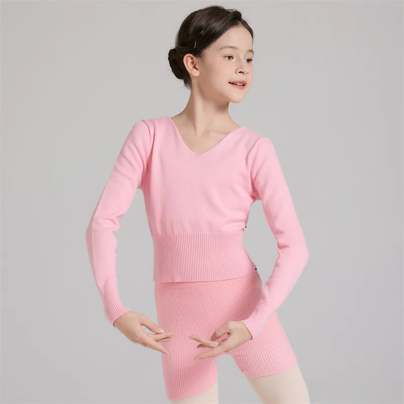 Hot Sale Fashion Kids Girls Children Training Wear V-shape Neck Pink Black Blue Purple Grey Ballet Dance Wear Sweater