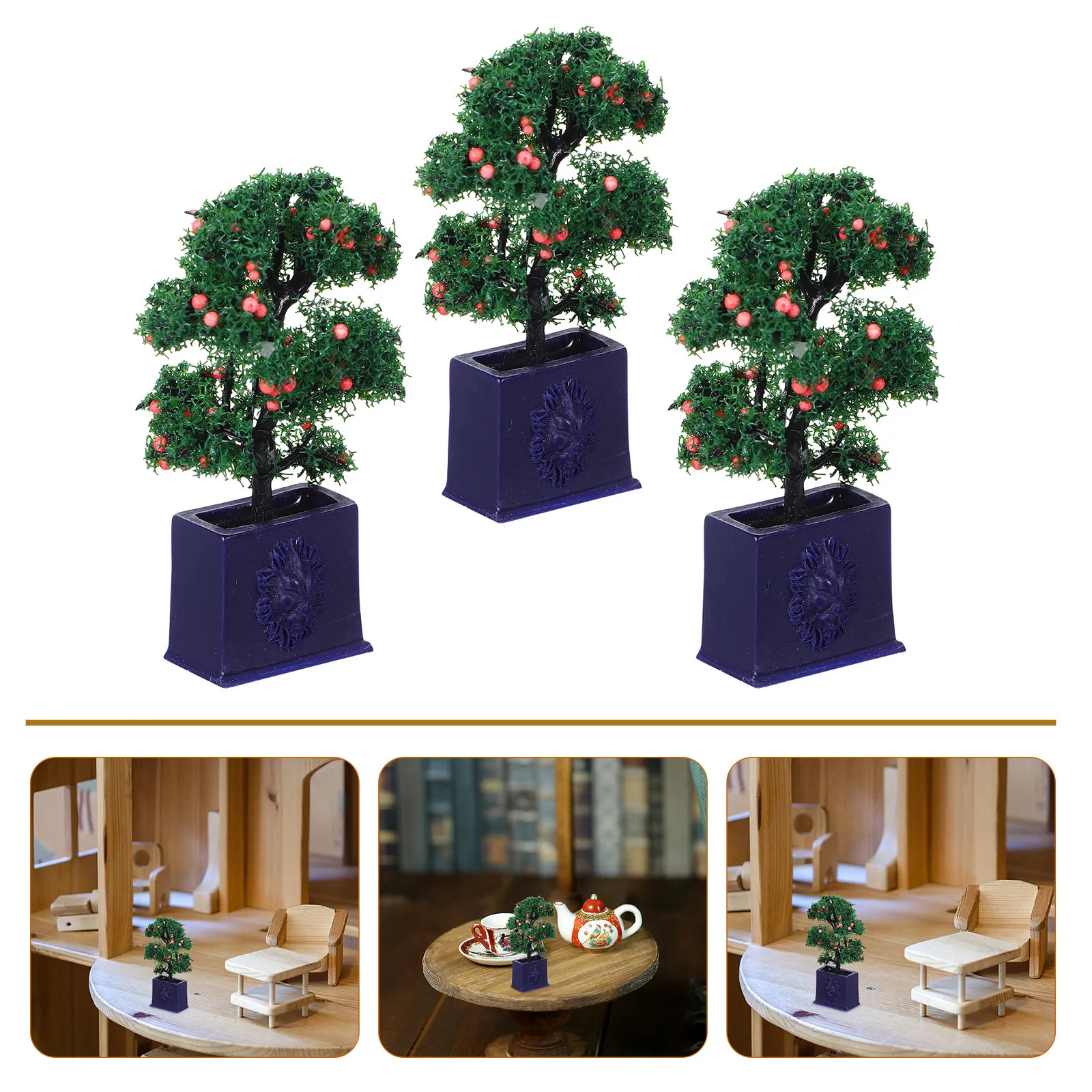 3Pcs Vibrant Miniature Potted Fruit Trees Artificial Indoor Plants for Dollhouse Mini Gardens Workspace Decor Craft Projects