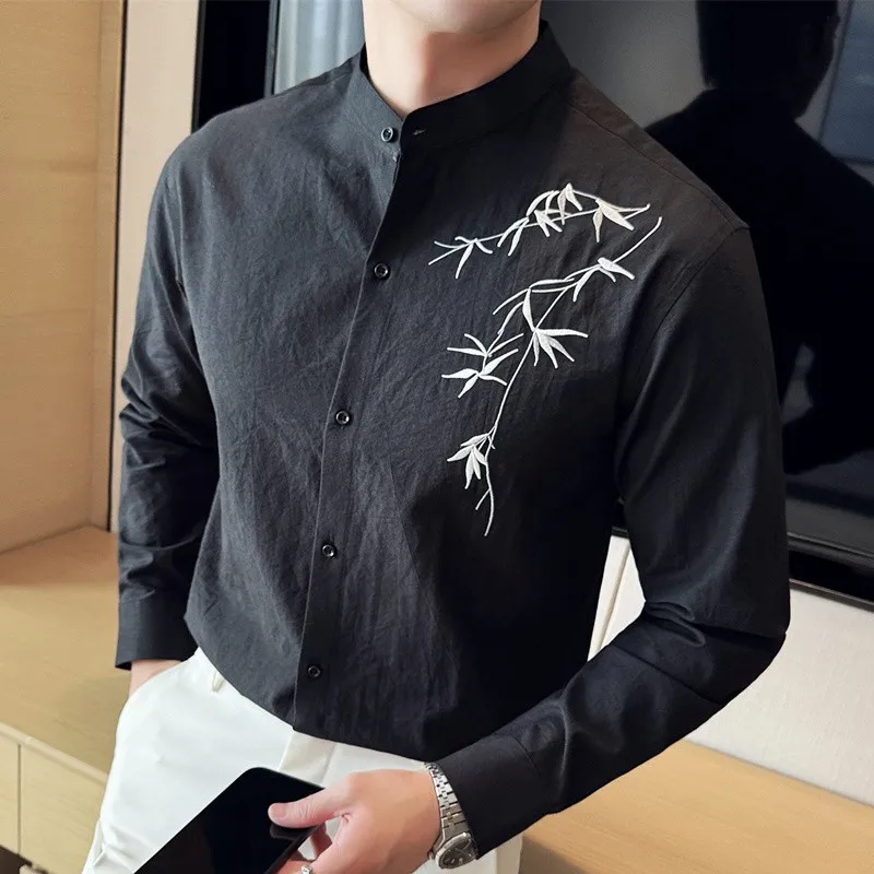 

New Chinese Style Embroidered Flower Long Sleeve Pure Cotton Casual Shirt Men's Slim Fit round Neck Casual Shirt